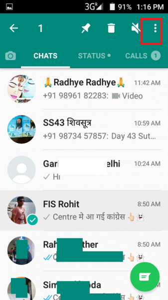 WhatsApp on Android with a chat selected and the three-dot menu highlighted