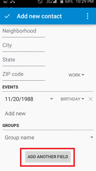 Android Add new contact form scrolled down with the Add another field button highlighted