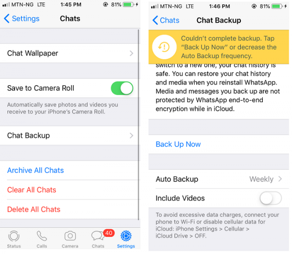 WhatsApp Chats settings on iPhone with Chat Backup, then the Chat Backup screen with Back Up Now