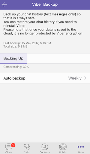 Viber Backup screen backing up the chat history, with Auto backup set to weekly