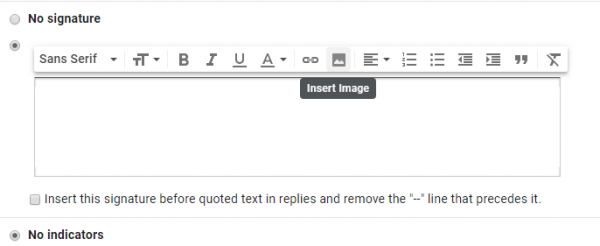 Gmail signature editor with the Insert Image button