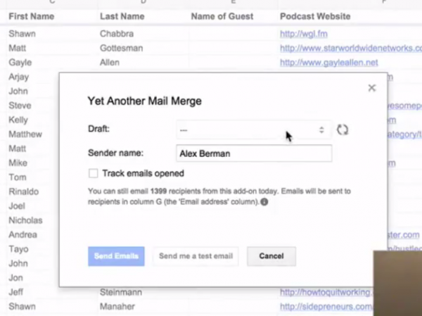 Yet Another Mail Merge dialog for choosing the draft and sender name