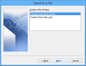 Outlook Export to a File dialog with Comma Separated Values selected