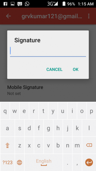 Gmail Signature dialog on Android with an empty text field