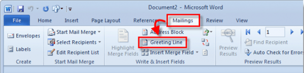 Word Mailings tab with Greeting Line highlighted