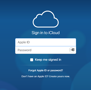 Sign in to iCloud page with Apple ID and password fields
