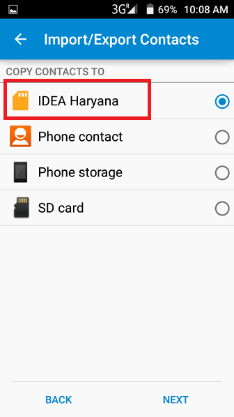 Android Import/Export Contacts screen with the SIM card chosen to copy contacts to