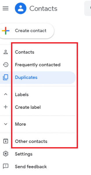 Google Contacts sidebar with Contacts, Frequently contacted, Duplicates, Labels and Other contacts highlighted
