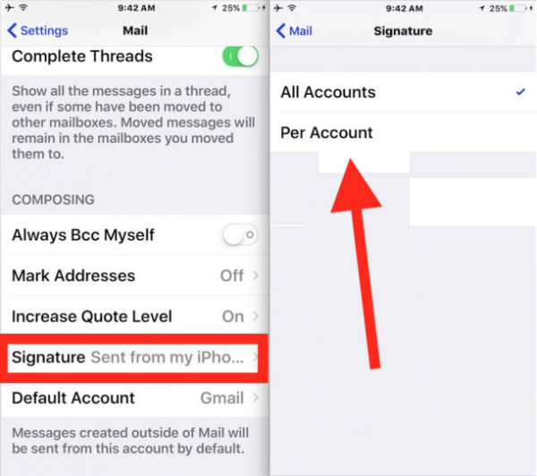 iPhone Mail settings with Signature highlighted, then the choice of All Accounts or Per Account