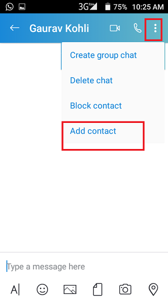 Skype chat on Android with the three-dot menu open and Add contact highlighted