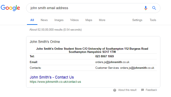 Google search for a person's email address with a result card showing an email and phone number