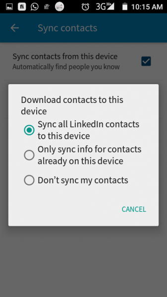 LinkedIn Download contacts to this device options, with Sync all LinkedIn contacts selected
