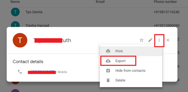 Google Contacts contact card with the three-dot menu open and Export highlighted