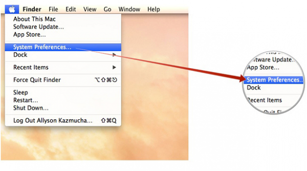 Mac Apple menu with System Preferences highlighted and magnified