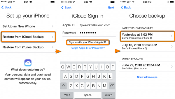 iPhone setup in three steps: Restore from iCloud Backup, iCloud sign in, and choosing a backup