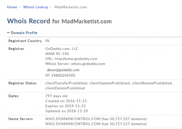 Whois record for a domain showing the registrant country, registrar, dates and name servers