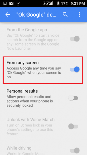 Ok Google detection settings with From any screen switched on and highlighted