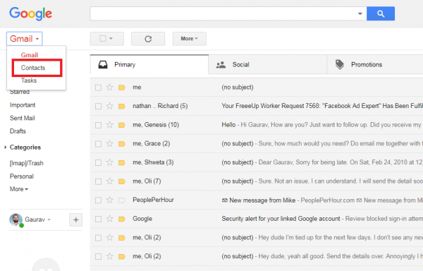 Gmail with the Gmail dropdown open and Contacts highlighted