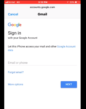 Google sign-in screen on iPhone for adding a Gmail account