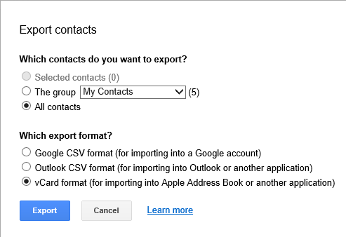 Export contacts dialog with All contacts and vCard format selected