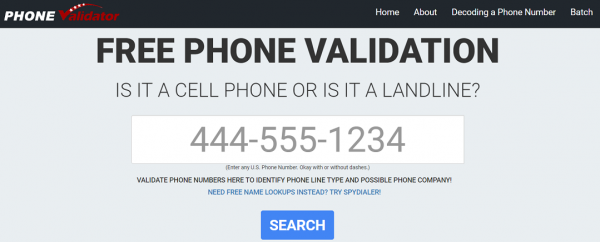Phone Validator free search form for checking whether a US number is a cell phone or a landline