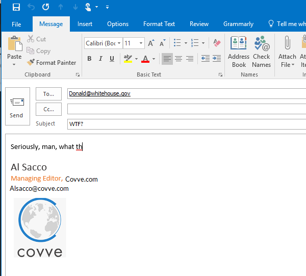 Outlook email being written with a signature showing name, job title, email and the Covve logo