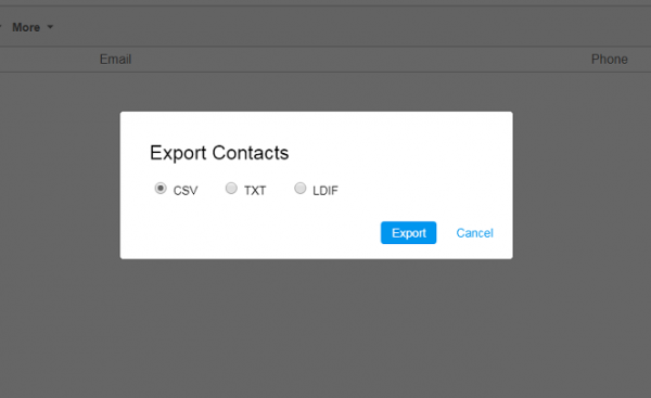 AOL Mail Export Contacts dialog with CSV, TXT and LDIF formats and the Export button