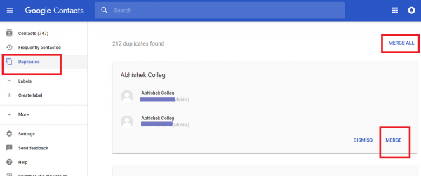 Google Contacts Duplicates list with Merge and Merge all highlighted