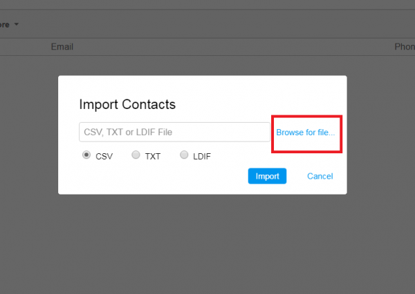 AOL Mail Import Contacts dialog with Browse for file highlighted, for a CSV, TXT or LDIF file