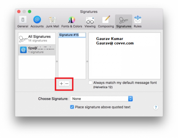 Mac Mail Signatures tab with the plus button highlighted to add a new signature