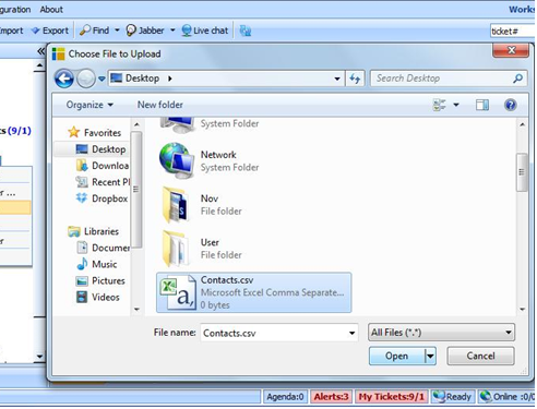 Windows file dialog with the Contacts.csv file selected