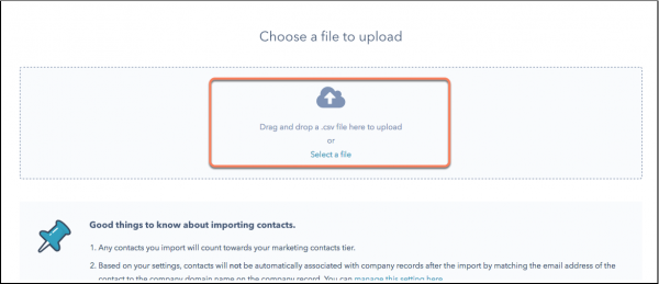 HubSpot Choose a file to upload area for a .csv file