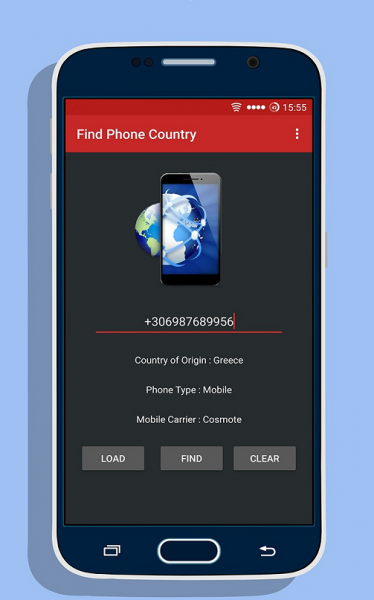 Find Phone Country app showing Greece as the country of origin, phone type mobile and the carrier