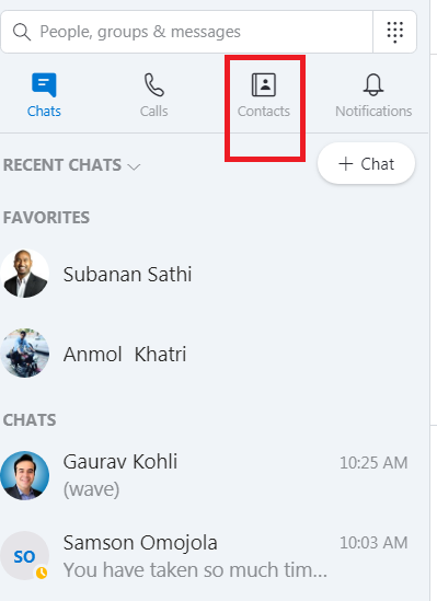 Skype on PC with the Contacts tab highlighted