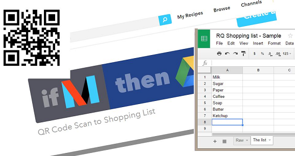 IFTTT recipe QR Code Scan to Shopping List next to a QR code and a Google Sheets shopping list