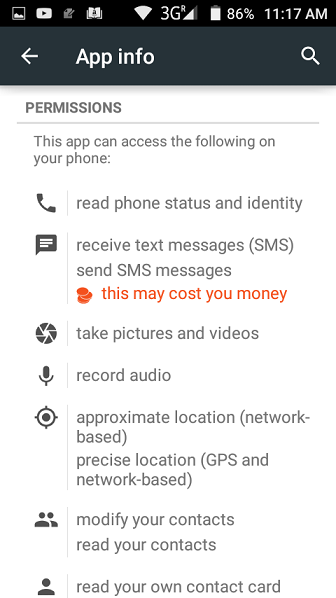WhatsApp App info on Android listing its permissions, including reading and modifying contacts