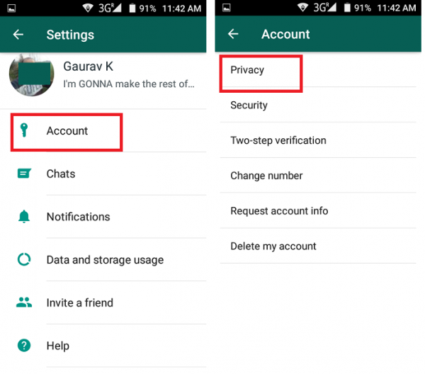 WhatsApp Settings on Android with Account highlighted, then Account with Privacy highlighted