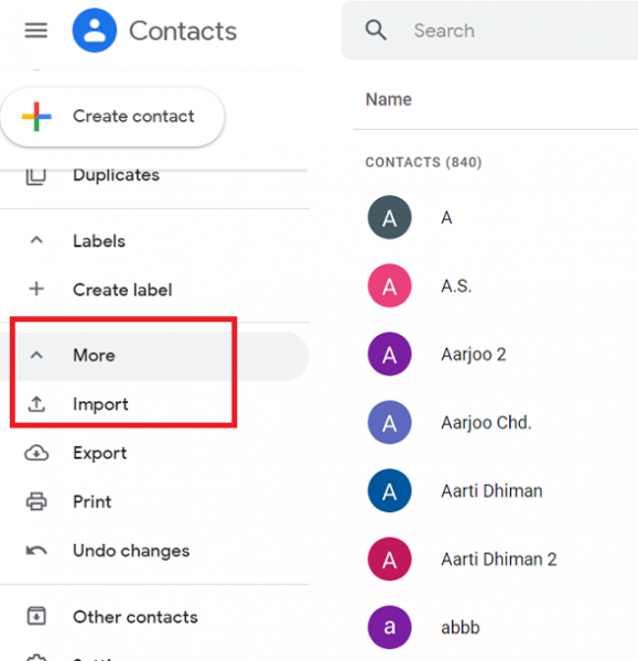 Google Contacts sidebar with More expanded and Import highlighted