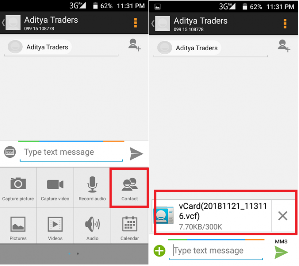 Android text message with Contact highlighted in the attachments, then a vCard file attached