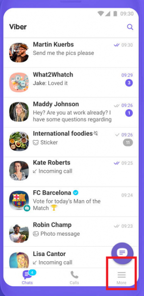Viber chats on iPhone with the More tab highlighted