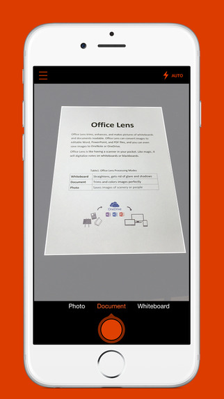Office Lens capturing a document in Document mode on iPhone