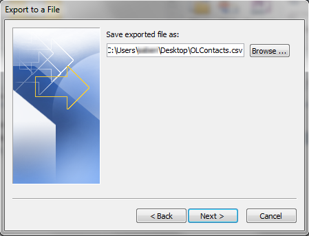Outlook Export to a File dialog showing where the exported CSV file will be saved