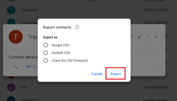 Google Contacts Export contacts dialog with vCard among the formats and Export highlighted