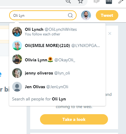 Twitter search box suggesting matching accounts as a name is typed