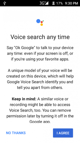 Voice search any time consent screen with the I Agree button