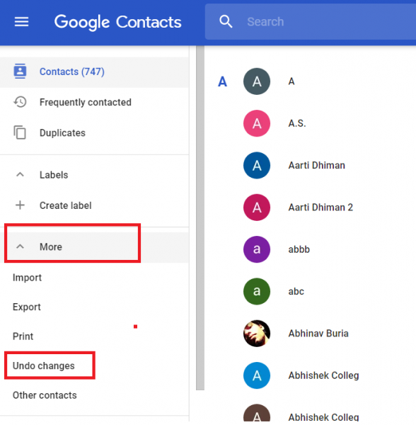 Google Contacts sidebar with More expanded and Undo changes highlighted