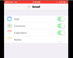 iPhone Gmail account settings with Mail, Contacts and Calendars switched on