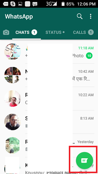 WhatsApp chats screen on Android with the New Chat button highlighted