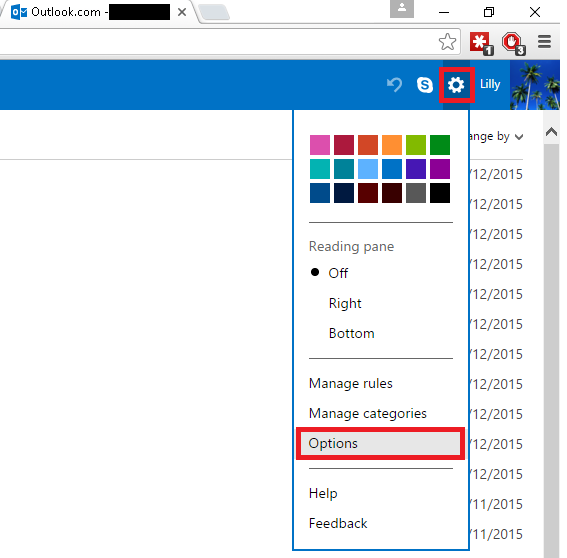 Outlook.com settings menu from the gear icon with Options highlighted