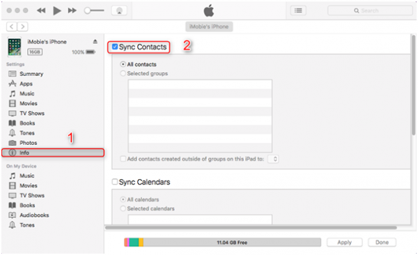 iTunes device settings with Info selected and the Sync Contacts checkbox ticked